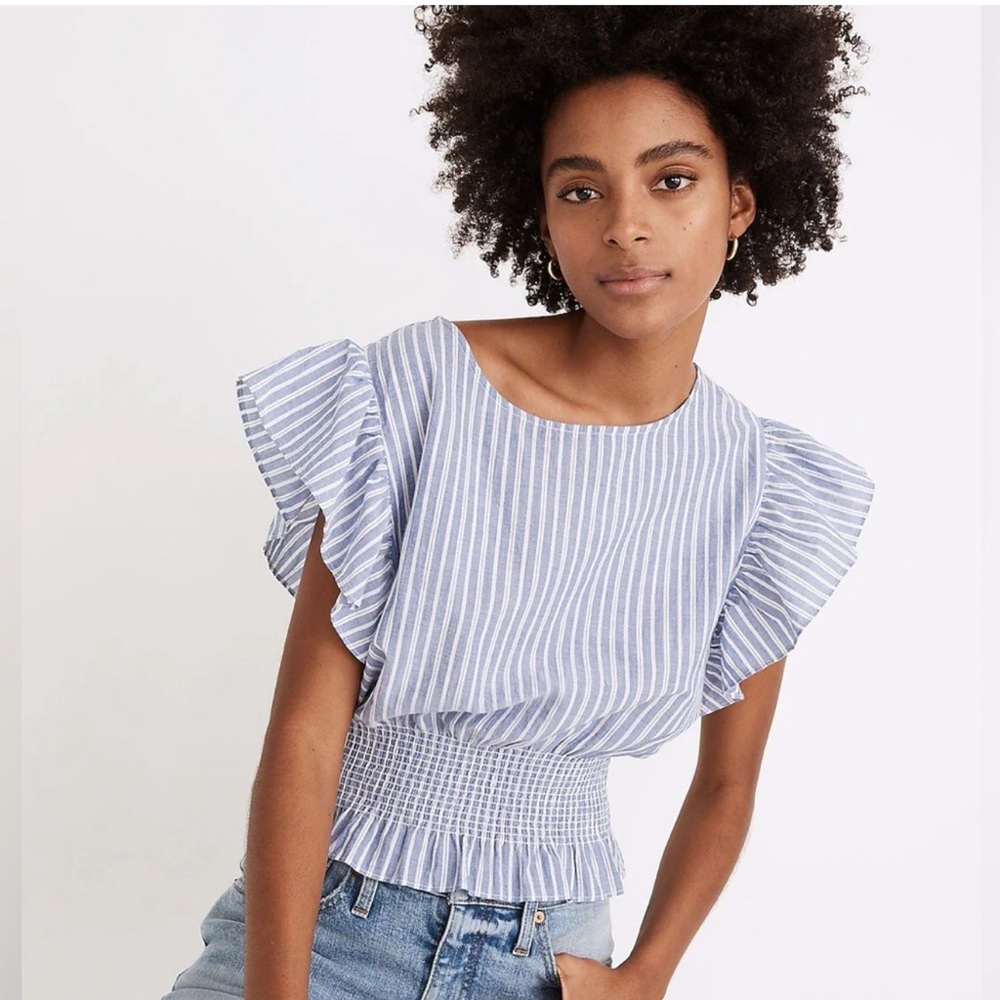 Madewell Flutter Sleeve Smocked Top in Stripe